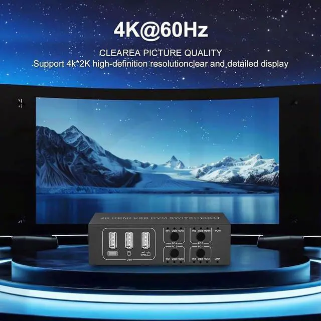 Alt view image 3 of 7 - HDMI KVM Switch 4 in 1 Out 4K@60Hz, 4 Port HDMI KVM Switch for 4 Computers Share 1 Monitor Keyboard Mouse Hard Drives Printer, with 3 USB Ports, Included 4 USB-A Cables and Desktop Controller