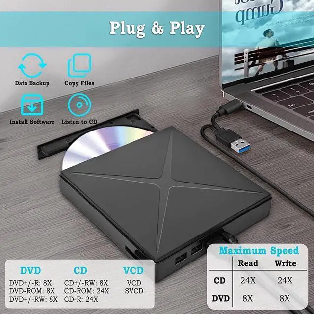 Alt view image 6 of 6 - 5 in 1 External CD/DVD Drive for Laptop, Ultra Slim USB 3.0 Type-C CD DVD +/-RW Burner, Optical Disk Drive Player with 2 USB Ports and TF/SD Reader, for Laptop Mac PC Windows 11/10/8/7 Linux OS