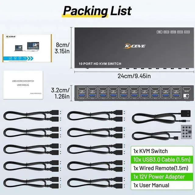 Alt view image 6 of 7 - 10 Port 8 Port KVM Switch HDMI 4K@60Hz EDID Simulation, USB 3.0 HDMI KVM Switch for 10 Computers Share 1 Monitor and 4 USB Devices, KVM Switches with Audio RS232 Wired Remote 12V Power Adapter