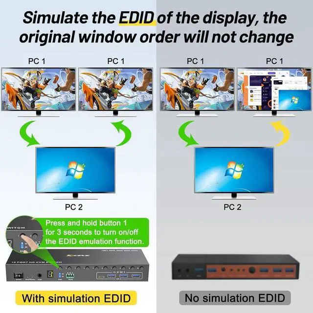 Alt view image 2 of 7 - 10 Port 8 Port KVM Switch HDMI 4K@60Hz EDID Simulation, USB 3.0 HDMI KVM Switch for 10 Computers Share 1 Monitor and 4 USB Devices, KVM Switches with Audio RS232 Wired Remote 12V Power Adapter
