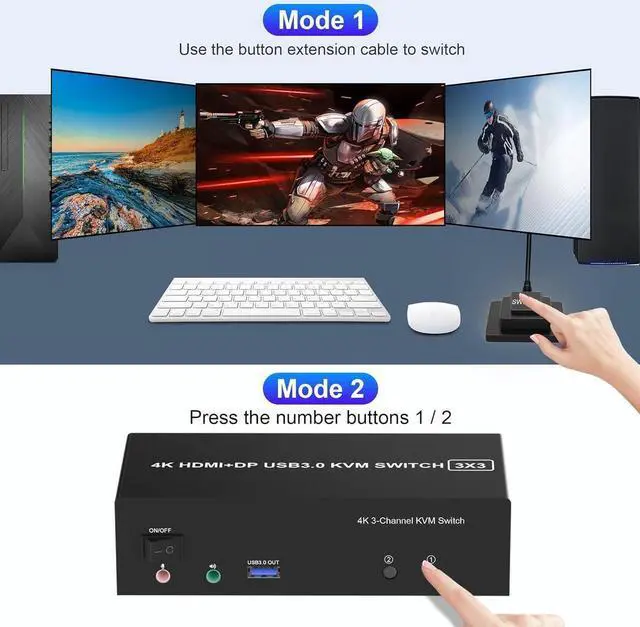 Alt view image 2 of 7 - HDMI + 2 Displayport USB 3.0 KVM Switch Triple Monitor for 2 Computers, 4K@60Hz KVM Switch 2 Computers 3 Monitors with Audio Microphone Output and 3 USB 3.0 Ports, Keyboard Mouse Switcher