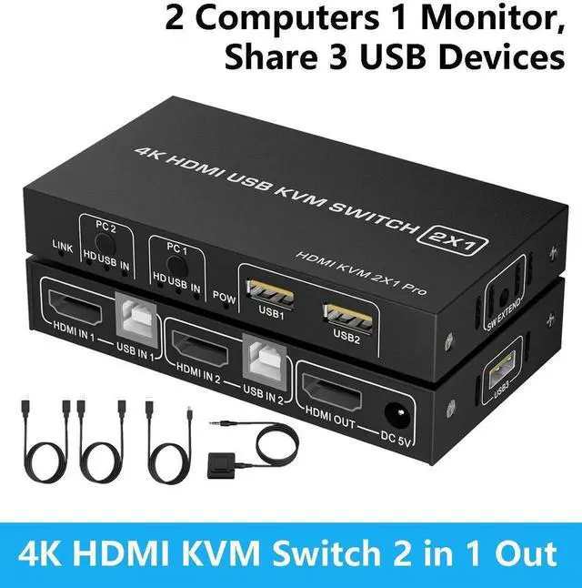 Main image of HDMI KVM Switch 1 Monitor 2 Computers 4K@60Hz, USB-B HDMI KVM Switch for 2 Computer Share 1 Monitor with 3 USB Ports Sharing Keyboard and Mouse, Printer/Scanner, Desktop Controller included