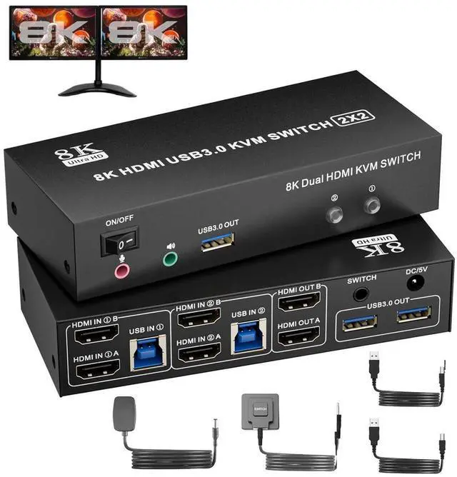 Main image of HDMI USB 3.0 KVM Switch 2 Monitors 2 Computers, 8K@60Hz 4K@120Hz Dual Monitor HDMI KVM with 3 USB 3.0 Ports, Share Keyboard Mouse Audio Microphone, EDID/HDCP Adaptive for Gaming/Office