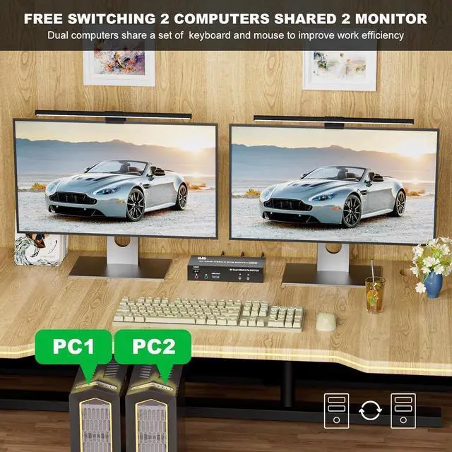 Alt view image 7 of 7 - HDMI USB 3.0 KVM Switch 2 Monitors 2 Computers, 8K@60Hz 4K@120Hz Dual Monitor HDMI KVM with 3 USB 3.0 Ports, Share Keyboard Mouse Audio Microphone, EDID/HDCP Adaptive for Gaming/Office