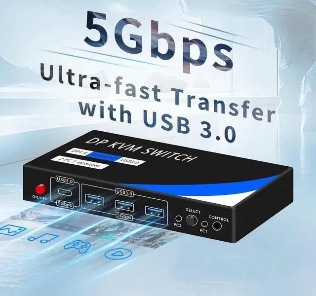 Alt view image 3 of 7 - 8K@60Hz Displayport KVM Switch 1 Monitor 2 Computers, USB 3.0 DP KVM Switches 4 USB Ports for 2 Computers Sharing Monitor Keyboard Mouse Hard Drives, 2 USB Cable DC 5V Adapter and Controller