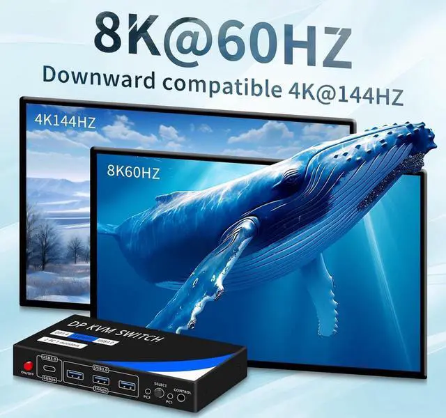 Alt view image 5 of 7 - 8K@60Hz Displayport KVM Switch 1 Monitor 2 Computers, USB 3.0 DP KVM Switches 4 USB Ports for 2 Computers Sharing Monitor Keyboard Mouse Hard Drives, 2 USB Cable DC 5V Adapter and Controller