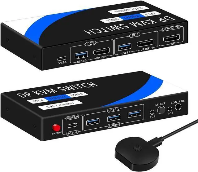 Main image of 8K@60Hz Displayport KVM Switch 1 Monitor 2 Computers, USB 3.0 DP KVM Switches 4 USB Ports for 2 Computers Sharing Monitor Keyboard Mouse Hard Drives, 2 USB Cable DC 5V Adapter and Controller