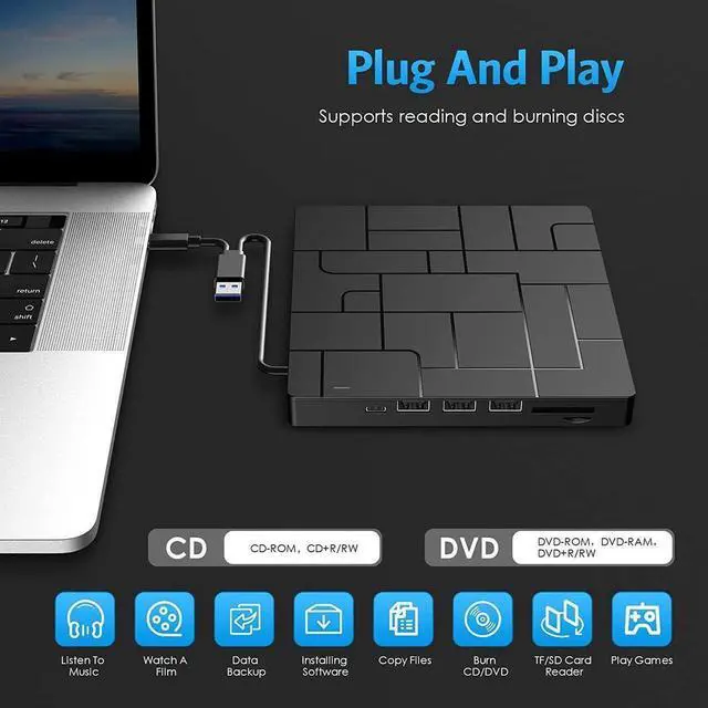 Alt view image 7 of 7 - New Upgraded External DVD Drive for Laptop, USB 3.0 Portable CD/DVD +/-RW Drive/DVD Player with 4 USB Ports & 2 SD Card Slots & 1 Type-C Ports Maximum 24x CD Write/Read Speed for Notebook OS Windows