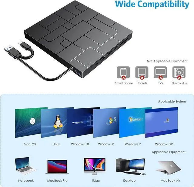 Alt view image 4 of 7 - New Upgraded External DVD Drive for Laptop, USB 3.0 Portable CD/DVD +/-RW Drive/DVD Player with 4 USB Ports & 2 SD Card Slots & 1 Type-C Ports Maximum 24x CD Write/Read Speed for Notebook OS Windows