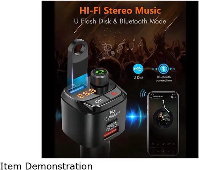 Alt view image 2 of 6 - Bluetooth 5.0 FM Transmitter for Car, QC3.0+Type-C PD 18W Wireless Bluetooth FM Radio Adapter Bass Sound Music Player FM Car Kit with Hands-free Calling and 3 USB Ports Charger Support USB Drive