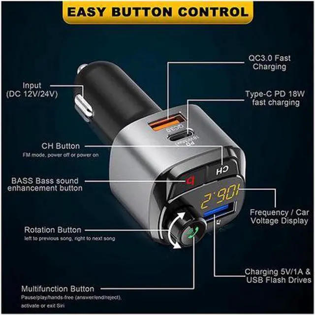 Alt view image 4 of 6 - Bluetooth 5.0 FM Transmitter for Car, QC3.0+Type-C PD 18W Wireless Bluetooth FM Radio Adapter Bass Sound Music Player FM Car Kit with Hands-free Calling and 3 USB Ports Charger Support USB Drive