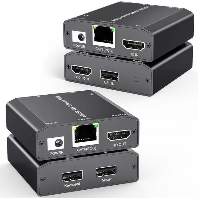 Main image of HDMI USB KVM Extender Over Cat 6/7 1080P@60Hz KVM Extender 150M/492FT HDMI Over Ethernet Transmitter Receiver Support Keyboard Mouse,No Latency POC Function Single Power Supply