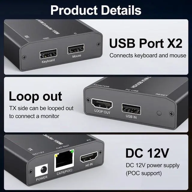 Alt view image 3 of 7 - HDMI USB KVM Extender Over Cat 6/7 1080P@60Hz KVM Extender 150M/492FT HDMI Over Ethernet Transmitter Receiver Support Keyboard Mouse,No Latency POC Function Single Power Supply