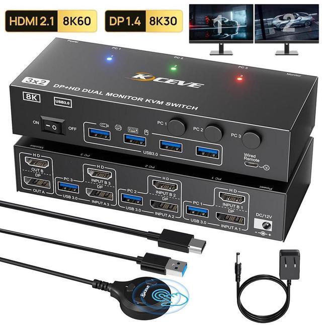 Main image of Displayport + HDMI KVM Switch 2 Monitors 3 Computers, Dual Monitor HDMI+DP USB 3.0 KVM Switcher Supports 4K@144Hz 8K@60Hz for 3 Computers Share Keyboard Mouse, with Wired Remote, Power Adapter