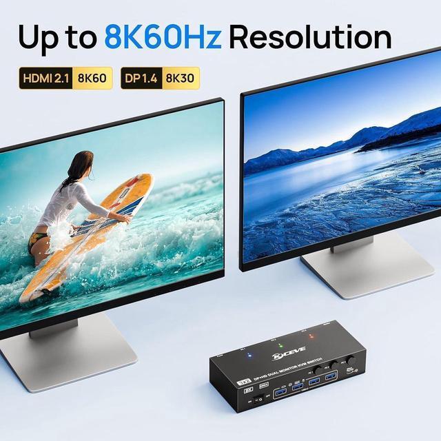 Alt view image 5 of 7 - Displayport + HDMI KVM Switch 2 Monitors 3 Computers, Dual Monitor HDMI+DP USB 3.0 KVM Switcher Supports 4K@144Hz 8K@60Hz for 3 Computers Share Keyboard Mouse, with Wired Remote, Power Adapter