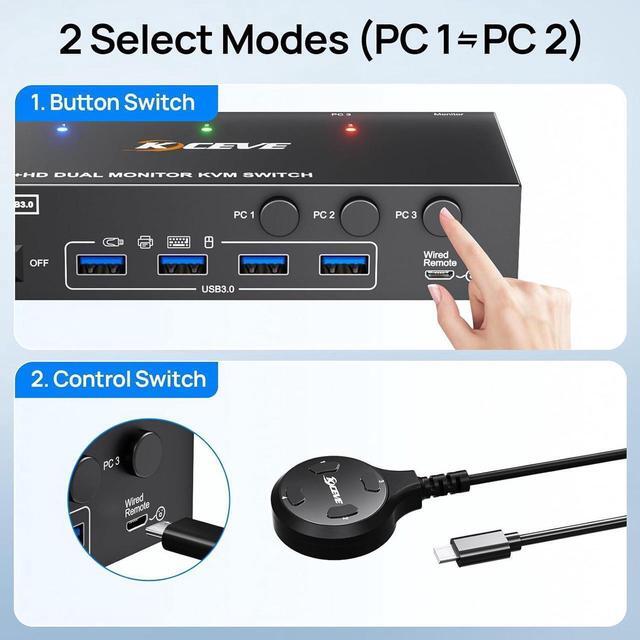 Alt view image 6 of 7 - Displayport + HDMI KVM Switch 2 Monitors 3 Computers, Dual Monitor HDMI+DP USB 3.0 KVM Switcher Supports 4K@144Hz 8K@60Hz for 3 Computers Share Keyboard Mouse, with Wired Remote, Power Adapter
