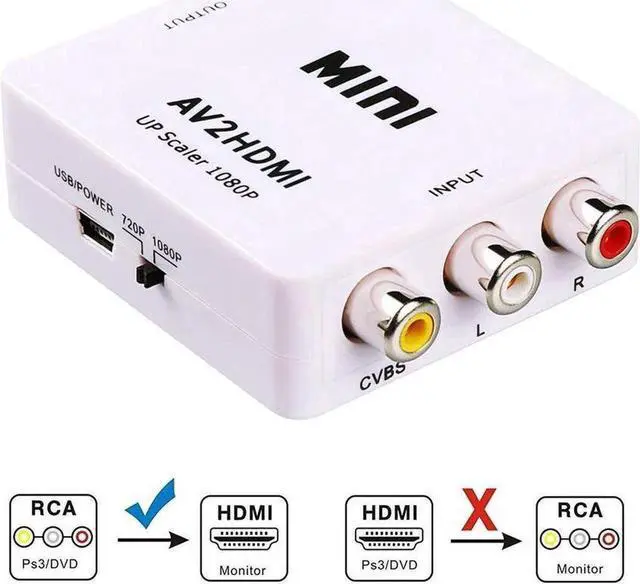 Main image of RCA to HDMI, 1080P Mini RCA Composite CVBS AV to HDMI Video Audio Converter Adapter with USB Power Cable for PC Laptop Xbox PS4 PS3 TV STB VHS VCR Camera DVD - White