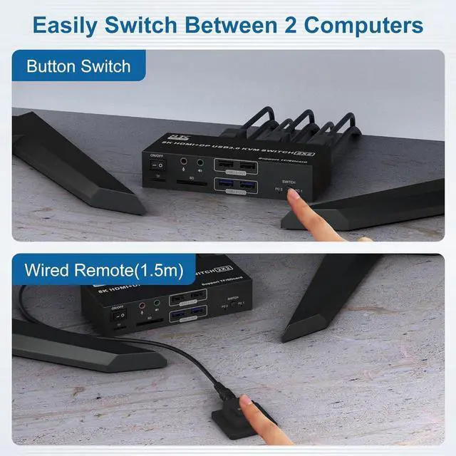Alt view image 2 of 7 - Dual Monitor HDMI + Displayport KVM Switch 2 Monitors 2 Computers, 8K@60Hz 4K@120Hz KVM Switcher for 2 PCs Share Dual Monitor, 4 USB Devices, with Audio Microphone Output and SD TF Card Reader