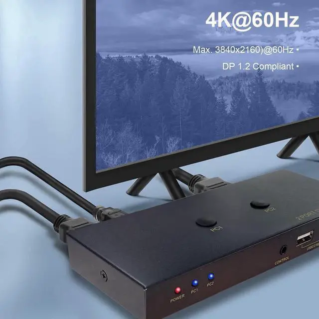 Alt view image 3 of 6 - 2 Port DisplayPort KVM Switch with USB 2.0 Ports, DP 1.2 4K @60Hz Display Port KVM Switcher Box for 2 Computers Sharing 1 Monitor Keyboard Mouse Peripherals Selector Box with USB Cables