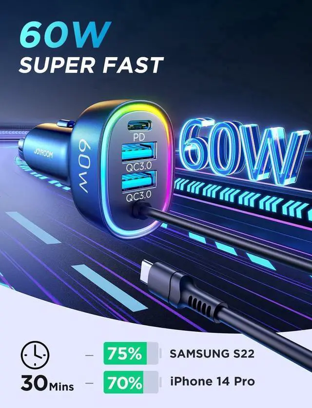 Alt view image 5 of 7 - USB C Car Charger, 60W 4 Port Fast Car Charger [PD& QC3.0 Quick Charge] [Extendable Coiled Type C Cable] Multi Port Cigarette Lighter Adapter for i-Phone/Android Smartphones etc