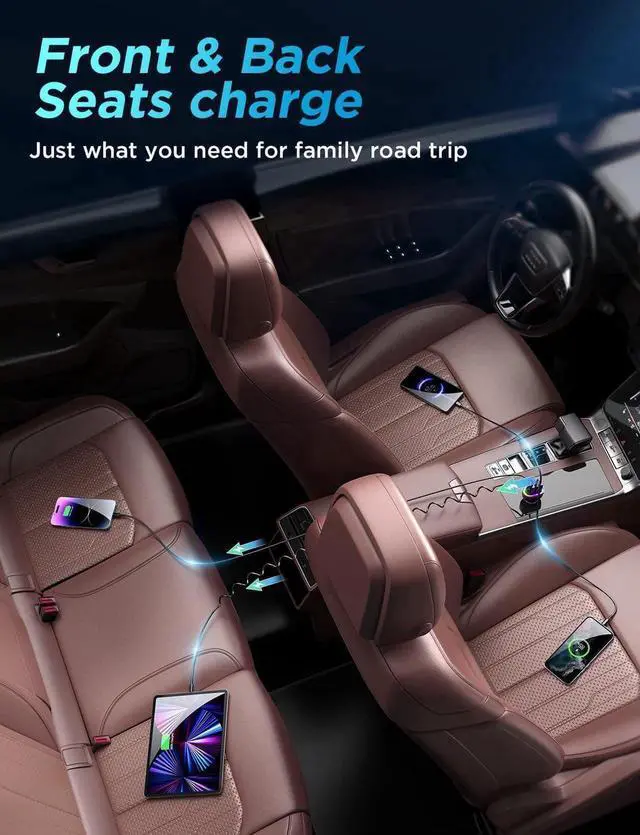 Alt view image 2 of 7 - USB C Car Charger, 60W 4 Port Fast Car Charger [PD& QC3.0 Quick Charge] [Extendable Coiled Type C Cable] Multi Port Cigarette Lighter Adapter for i-Phone/Android Smartphones etc