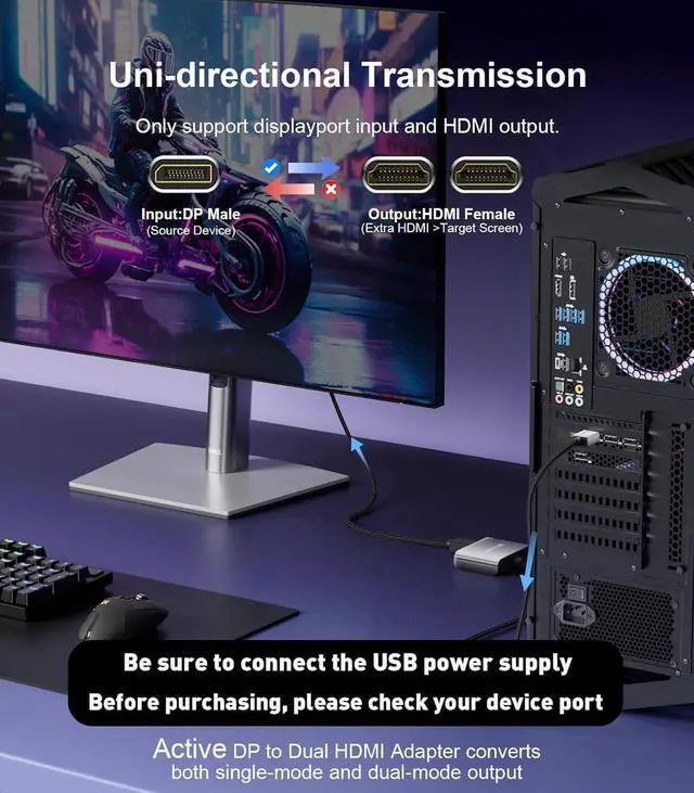Alt view image 2 of 7 - DisplayPort to Dual HDMI Adapter 4K@60Hz Display Port to HDMI 1 in 2 Out Splitter for Dual Monitor Extended Display DP Source to 2 HDMI Adapter with PC Graphics Card HP and More