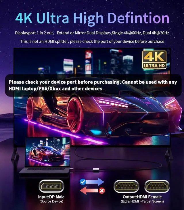 Alt view image 3 of 7 - DisplayPort to Dual HDMI Adapter 4K@60Hz Display Port to HDMI 1 in 2 Out Splitter for Dual Monitor Extended Display DP Source to 2 HDMI Adapter with PC Graphics Card HP and More