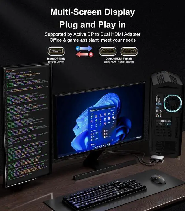 Alt view image 5 of 7 - DisplayPort to Dual HDMI Adapter 4K@60Hz Display Port to HDMI 1 in 2 Out Splitter for Dual Monitor Extended Display DP Source to 2 HDMI Adapter with PC Graphics Card HP and More