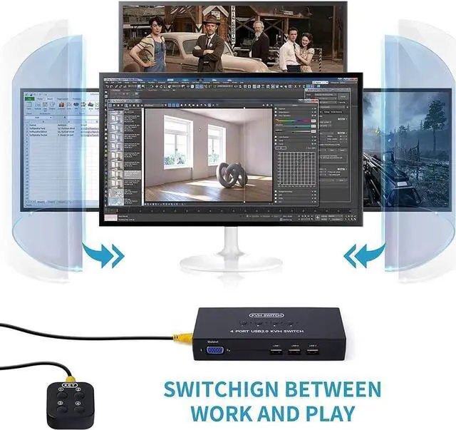 Alt view image 3 of 6 - VGA KVM Switch 4 Port, USB VGA KVM Switcher for 4 Computers Share one Monitor 3 USB Devices Keyboard Mouse Scanner Printer, Including 4 KVM Cables & Desktop Control