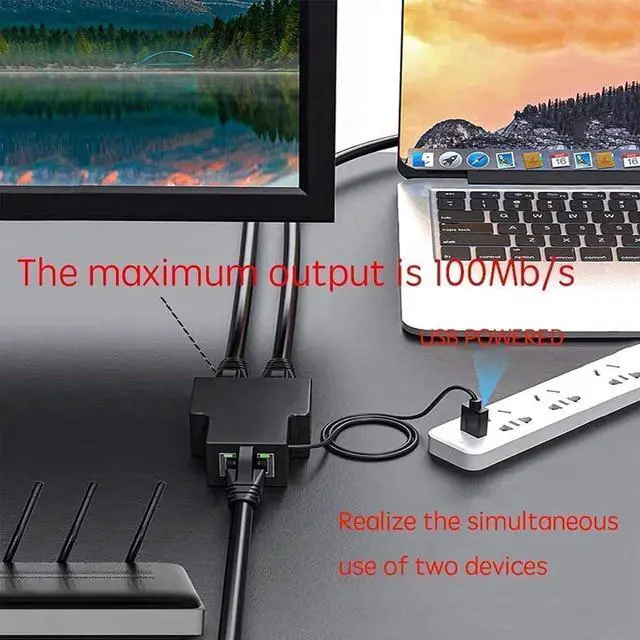 Alt view image 4 of 6 - Ethernet Splitter, 100Mbps Ethernet Splitter 1 to 2[2 Devices Simultaneously Networking], LAN Splitter Adapter with USB Power Cable, Internet Splitter for Cat5/5e/6/7/8 Cable