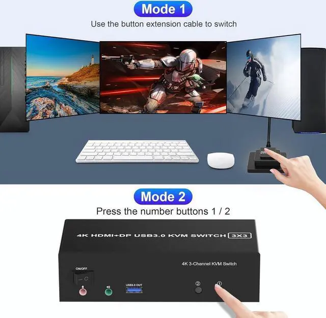 Alt view image 2 of 7 - HDMI + 2 Displayport USB 3.0 KVM Switch Triple Monitor for 2 Computers, 4K@60Hz KVM Switch for 2 Computers 3 Monitors with Audio Microphone Output and 3 USB 3.0 Ports, Keyboard Mouse Switcher