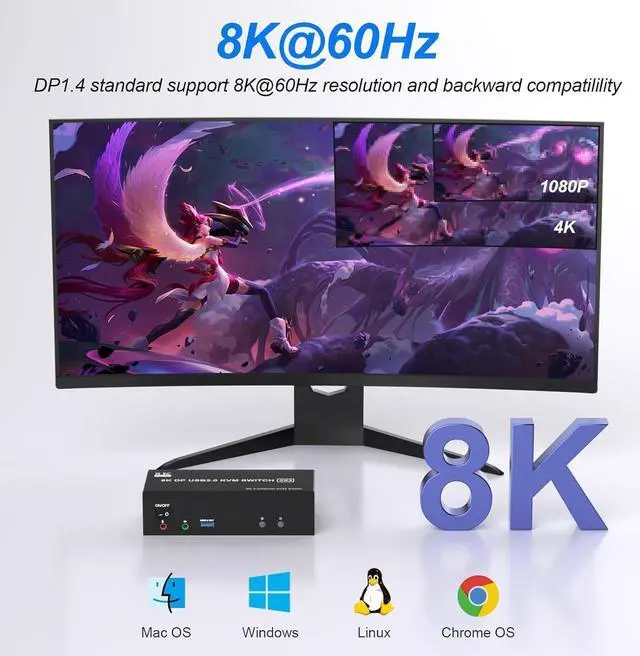 Alt view image 6 of 7 - 8K@60Hz KVM Switch 3 Monitors 2 Computers 4K@144Hz, DP 1.4 8K Displayport Triple Monitor KVM Switch for 2 Computer Share 3 Monitor, Audio Mic Port and 3 USB3.0 Devices, Wired Remote, 5V Adapter