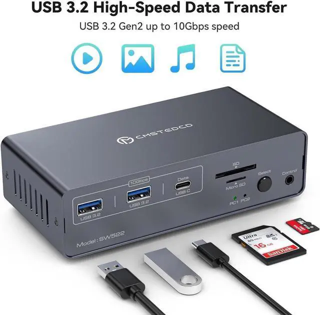 Alt view image 6 of 7 - KVM Switch 2 Monitors 2 Computers USB C Docking Station with 4K60Hz HDMI and 4K120Hz DP KVM Switch Dual Monitor 10Gbps USB C+USB A 3.2 5Gbps USB 3.0 and SD/MicroSD Card Slots for Laptop&Desktop