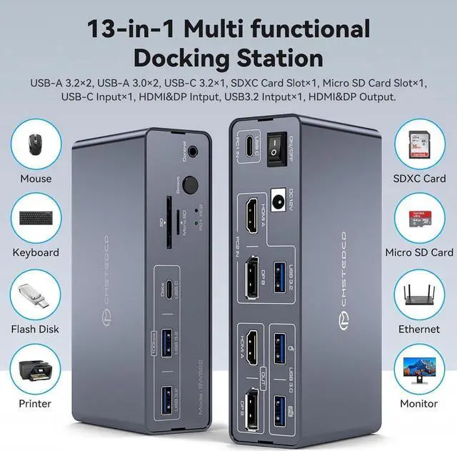 Alt view image 7 of 7 - KVM Switch 2 Monitors 2 Computers USB C Docking Station with 4K60Hz HDMI and 4K120Hz DP KVM Switch Dual Monitor 10Gbps USB C+USB A 3.2 5Gbps USB 3.0 and SD/MicroSD Card Slots for Laptop&Desktop