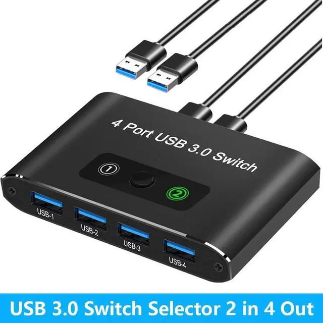 Main image of USB 3.0 Switch 2 in 4 Out, USB Switch Selector 2 Computers Sharing 4 USB Devices KVM Switcher Box for PC, Printer, Scanner, Mouse, Keyboard with 2 USB Cable, Compatible with Mac/Windows/Linux