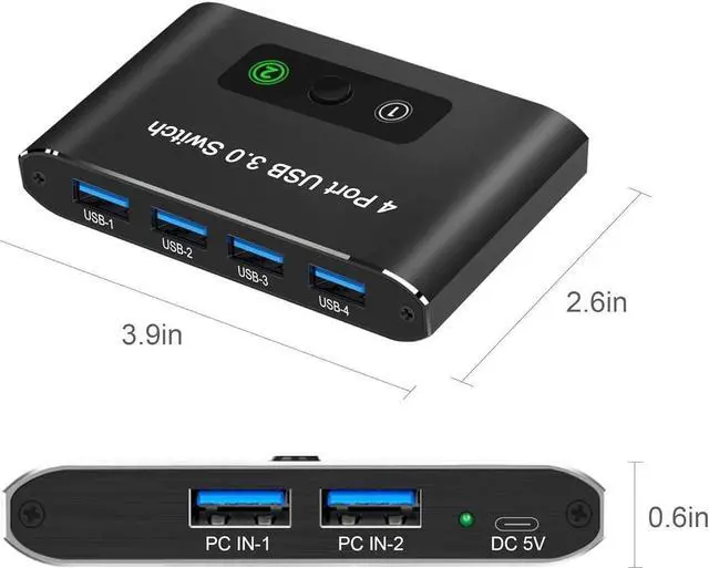 Alt view image 7 of 7 - USB 3.0 Switch 2 in 4 Out, USB Switch Selector 2 Computers Sharing 4 USB Devices KVM Switcher Box for PC, Printer, Scanner, Mouse, Keyboard with 2 USB Cable, Compatible with Mac/Windows/Linux