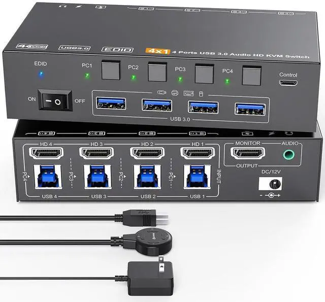 Main image of KVM Switch HDMI 8K@60Hz/2K@120Hz, 4 in 1 Out HDMI KVM Switch for 4 Computers that Share 1 Monitor and 4 USB 3.0 Devices, Supports EDID, with 3.5mm Audio, Wired Remote and USB Cable Included