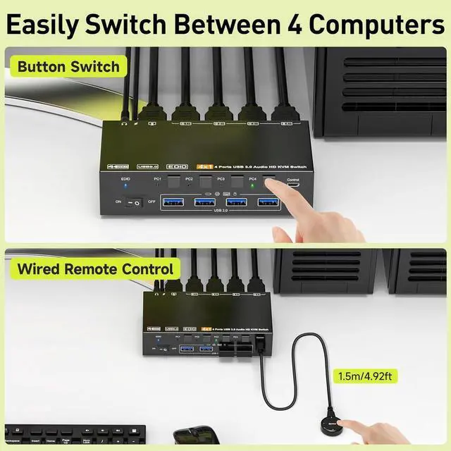 Alt view image 6 of 7 - KVM Switch HDMI 8K@60Hz/2K@120Hz, 4 in 1 Out HDMI KVM Switch for 4 Computers that Share 1 Monitor and 4 USB 3.0 Devices, Supports EDID, with 3.5mm Audio, Wired Remote and USB Cable Included