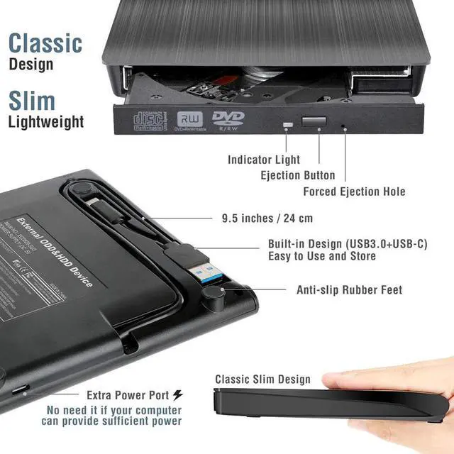 Alt view image 7 of 7 - External CD DVD Drive, Type C USB 3.0 CD DVD RW Reader Burner Portable CD-RW/VCD-RW Player Rewriter High Speed Low Noise Super drive for Laptop, Desktop, Mac OS, Windows 10/8/7/XP/Linux