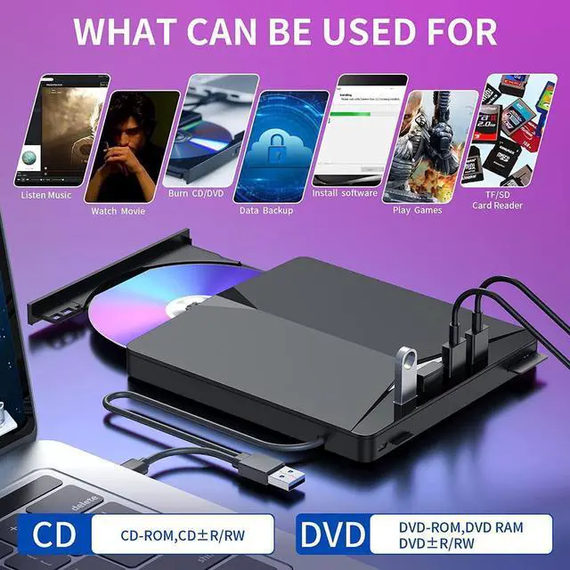 Alt view image 4 of 7 - USB 3.0 & Type C External CD/DVD Drive, 7 in 1 USB 3.0 USB C DVD Player Portable CD/DVD Burner, CD ROM External DVD Drive Compatible with Laptop Desktop PC Windows 11/10/8/7 Linux Mac OS (Jet Balck)