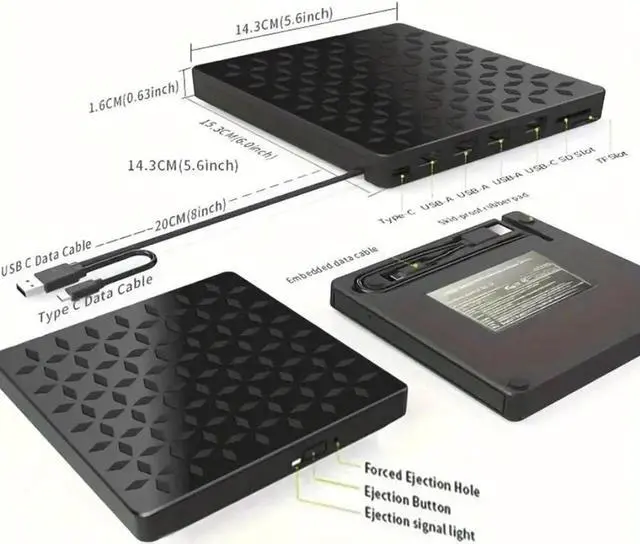 Alt view image 5 of 6 - External CD DVD Drive [8 in 1], USB 3.0 & Type-C Portable Drive Reader CD/DVD +/-RW ROM Burner Rewriter with 4 USB Ports & SD/TF Optical Drive for Desktop PC Windows 11/10/8/7/X, Mac OS Linux