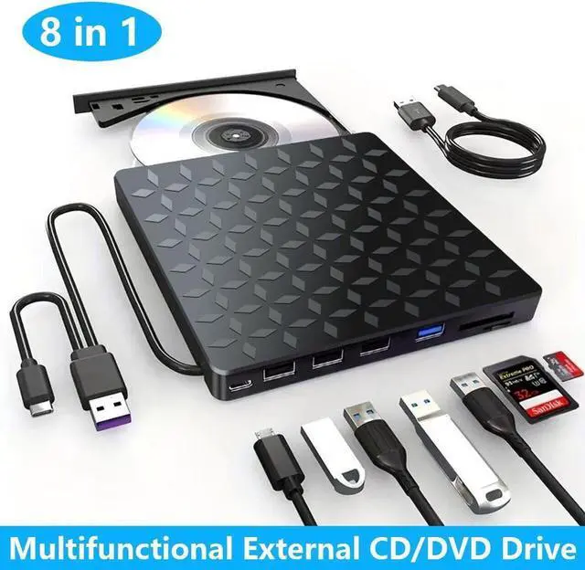Main image of External CD DVD Drive [8 in 1], USB 3.0 & Type-C Portable Drive Reader CD/DVD +/-RW ROM Burner Rewriter with 4 USB Ports & SD/TF Optical Drive for Desktop PC Windows 11/10/8/7/X, Mac OS Linux