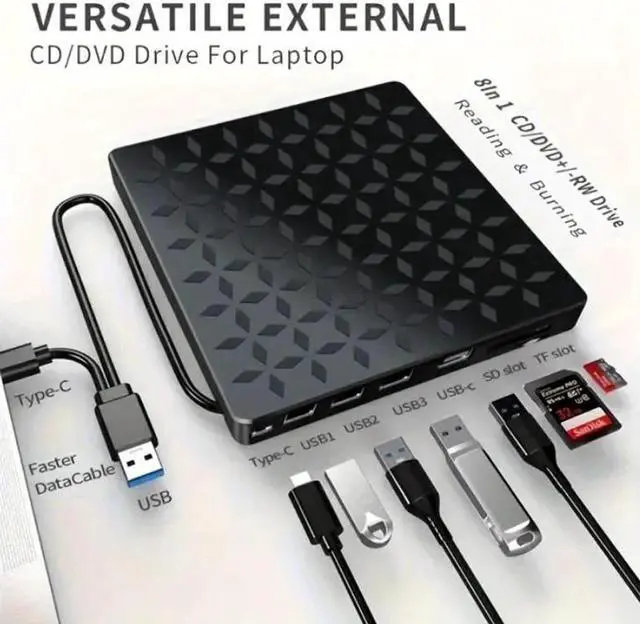 Alt view image 6 of 6 - External CD DVD Drive [8 in 1], USB 3.0 & Type-C Portable Drive Reader CD/DVD +/-RW ROM Burner Rewriter with 4 USB Ports & SD/TF Optical Drive for Desktop PC Windows 11/10/8/7/X, Mac OS Linux