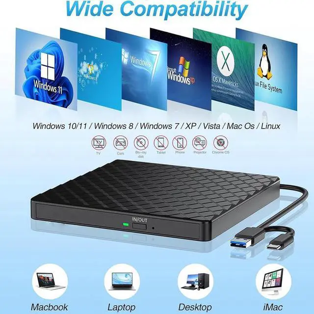 Alt view image 4 of 7 - Portable External CD/DVD Drive for Laptop, Type C & USB 3.0 CD DVD +/-RW Drive Burner DVD Player, External CD ROM Reader Writer Optical Drive Compatible with Laptop PC Mac Windows 11/10/8.1/7 Linux