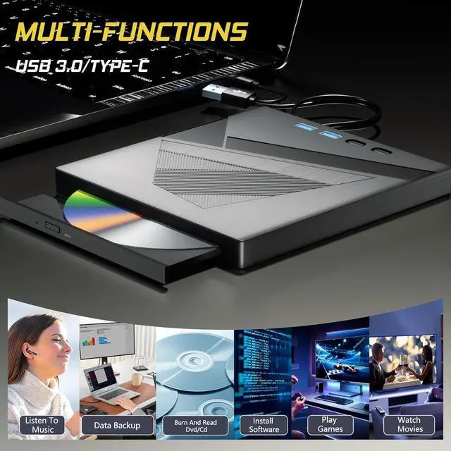 Alt view image 7 of 7 - External CD DVD Drive, 7-in-1 USB 3.0 Type-C DVD Player for Laptop Portable Disk Drive Can for Burn Read Writer Disk Duplicator Compatible with Latptop PC Windows XP/7/8/10, Linux Mac OS