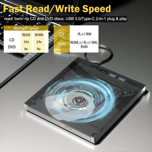 Alt view image 4 of 7 - External CD DVD Drive, 7-in-1 USB 3.0 Type-C DVD Player for Laptop Portable Disk Drive Can for Burn Read Writer Disk Duplicator Compatible with Latptop PC Windows XP/7/8/10, Linux Mac OS
