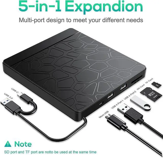 Alt view image 5 of 7 - External CD DVD Drive for laptop Windows 11 10, USB 3.0 and Type-C Portable CD DVD +/-RW ROM Drive Reader CD/DVD Burner Rewriter with SD TF Slot & 2x USB Ports, Slim DVD/CD Player for Linux, Mac OS