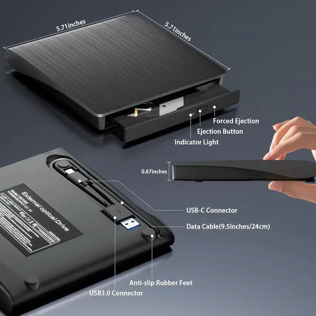 Alt view image 7 of 7 - External CD/DVD Drive for Laptop PC, Portable CD DVD Player USB 3.0 & Type C Portable Optical Drive CD DVD ROM DVD Burner Compatible with Windows 10 11 Linux Mac OS
