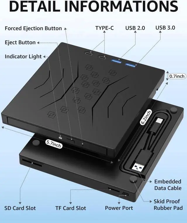 Alt view image 5 of 7 - [7 in 1] DVD External Blu-ray Drive, USB 3.0 Type-C External Bluray DVD Drive Burner with SD/TF Port - Support Disc R/W - External Disc Drive Compatible with Windows XP/7/8/10/11, Linux, MacOS