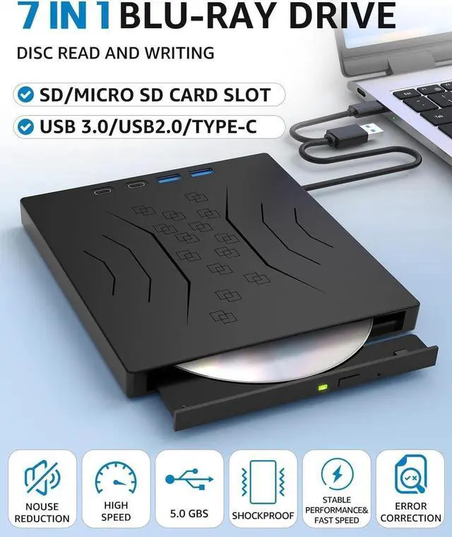 Alt view image 4 of 7 - [7 in 1] DVD External Blu-ray Drive, USB 3.0 Type-C External Bluray DVD Drive Burner with SD/TF Port - Support Disc R/W - External Disc Drive Compatible with Windows XP/7/8/10/11, Linux, MacOS